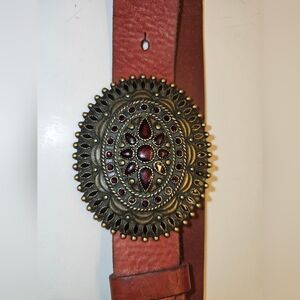 Elegant Red Leather Belt with Ornate Gold Buckle
